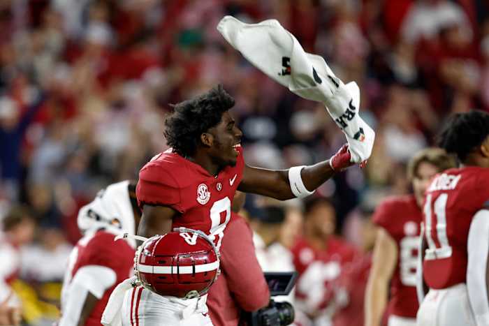 Oct 8, 2022; Tuscaloosa, Alabama, USA; Alabama Crimson Tide wide receiver Tyler Harrell (8) celebrates after defeating the Texas A&M Aggies at Bryant-Denny Stadium.